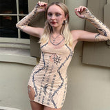 Yipinpay Female Hollow Out Dress Floral Print Halterneck Sleeveless Fashion With Oversleeves For Ladies Party Club Clothes S M L