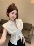 Yipinpay Sleeveless Shirts Women French Style Chic Elegant Turn Down Collar Split Summer Fashion Blouse Sexy Ladies Crop Tops