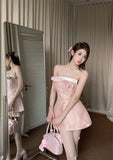 Yipinpay Hot Girl Suit Women's Autumn Pure Sexy Pink Strapless Bow Top High Waist Mini Skirt Two-piece Set Fashion Female Clothes