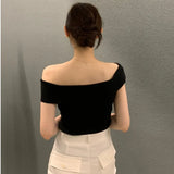 Yipinpay Slim Off The Shoulder Black Tshirt Summer Crop Top One Short Sleeve Striped Shirts for Women Y2k Top Ropa De Mujer Knit