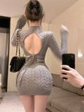 Yipinpay Knitted Dresses Women Sexy Half High Collar Bandage Backless Slim Stretch Basic Dress Elegant Bottoming Fashion