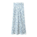 Yipinpay New 2024 Women Floral Print Satin Long Skirt Vintage High Elastic Waist A-line Spring Summer falda larga