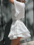 Yipinpay Elegant White Culottes Women Dress Flare Sleeve Soft Ruffled Shorts Dress Office Ladies Slim Crepe Mini Dress 2023