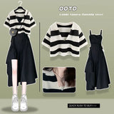 Yipinpay Women's Summer Fashion Stripe Short Sleeve Top+Strap Skirt Two Piece Korean Elegant Blouse Dress Suit 2024 New Matching Set