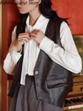 Yipinpay V-neck Leather Vest Women Korean Fashion Cropped Streetwear Vest Leather Vintage Casual Sleeveless Leather Outwear 2023 New
