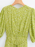 Yipinpay New Women French Style Floral Print Dress Short Sleeve V Neck Ladies Midi Summer Dress Holiday Robe
