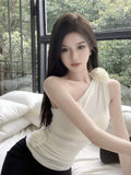Yipinpay Flowers Crop Tank Tops Women Irregular Diagonal Collar Off Shoulder Sleeveless Slim Stretch Camis Sexy Ladies Chic Tops