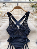 Yipinpay French Style Striped Erotic Playsuits Women Strap Hollow Out Backless Slim Underwear Black Lingerie Sexy Bodysuits