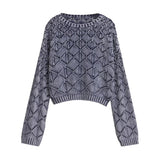 Yipinpay Vintage Women Round Neck Long Sleeve Washed Effect Knit Sweater Autumn Ladies Crop Pullover