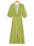 Yipinpay New Women French Style Floral Print Dress Short Sleeve V Neck Ladies Midi Summer Dress Holiday Robe