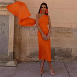 Yipinpay 2023 Asymmetric Knitted Dresses For Women Orange Cape Summer Long Dress Women Off Shoulder Elegant Evening Party Dresses
