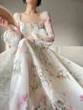 Yipinpay Elegant Floral Midi Dress Chiffon Long Sleeve Evening Party Dress Woman Beach Fairy One Piece Dress Korean 2024 Summer