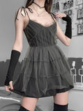 Yipinpay Dark Gothic Elegant Dress Women Emo Alt Vintage Mesh Patchwork Lace Up High Waist Dress Y2k Harajuku Mall Goth Partywear