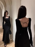 Yipinpay Backless Dresses Women Elegant Bandage Long Sleeve Slash Neck Slim Black Sexy Vintage Temperament Female Fashion