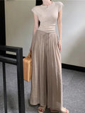 Yipinpay Hot Girl Casual Suit Women's Spring Short-sleeved Knitted Top High Waist Wide Leg Pants 2-piece Set Fashion Female Clothes