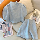 Yipinpay Blue Tweed Cardigan Elegant Crop Top Summer Shirt Beach Outfits for Women Blazers Sets Mini Plaid Skirts Faldas Korean