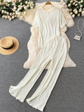 Yipinpay Pleated Fashion Solid Set Women Loose O Neck Tops Elastic Waist Split Wide Leg Long Pants Ladies Elegant Two Piece Set
