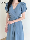 yipinpay Chic Elegant Dresses for Women Lace-up Korean Fashion V-neck High Waist Midi Dress Ladies Casual Short Sleeve Vestidos