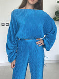 Yipinpay Women Pleat Pants Sets Casual Chic Party Office Suits Off-Shoulder Long Sleeve Crop Tops High Waist Straight Leg Pants