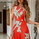 Yipinpay Women Elegant Tank Round Neck Backless Sleeveness All Over Print with Floral Pattern Wide Leg Working Jumpsuits