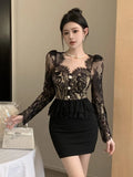 Yipinpay Dresses Women Elegant Square Collar Lace Patchwork Long Sleeve Slim Sexy Dress Ladies French Style Chic Party Temperament