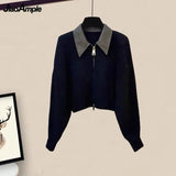 Yipinpay Women's Autumn Winter New Polo Neck Knitted Sweater Slim Jeans Two Piece Korean Elegant Zipper Cardigan Denim Pants Matching Set