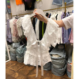 Yipinpay Camisas Sexy Black Lace Shirt Women Blusas Mujer De Moda Holllow Out Lace Up V Neck Crop Top Femme Blouse