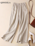 Yipinpay Summer Cotton Linen Women's Wide Leg Pants High Waist Solid Woman Capris Pants Saggy Casual Loose Oversize Flared Trousers