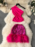 Yipinpay Hotsweet Women Fashion Suits Diagonal Collar Slim Tops+Mini Sequins Fur Skirt New Ins Club Party Sexy Two Pieces Sets