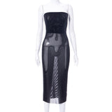 yipinpay Dress Strapless Sexy Dress Women See Through Summer Dress Bodycon Club Party Outfits Solid Streetwear Bling Black Dress