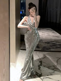 Yipinpay Sleeveless Party Dress Woman Backless Swinging Collar Halter Bling Mermaid Dresses Sexy Ladies Elegant Temperament