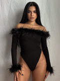 yipinpay Feather Top Long Sleeve T Shirt Women Off Shoulder Body Spring Fall Outfits Bodycon Solid Streetwear Black Bodysuits