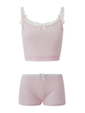 Yipinpay Women Y2K Vintage 2PCS Heart Hollow Lace Trim Bow Pajamas Sets Sleeveless Lace Trim Camisole+Low Waist Elastic Shorts