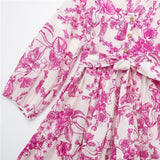 Yipinpay Pink Floral Dress Woman Print Short Dresses For Women Tie Belt Mini Chic And Elegant Woman Dress Long Sleeve Summer Dresses