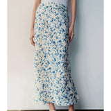 Yipinpay New 2024 Women Floral Print Satin Long Skirt Vintage High Elastic Waist A-line Spring Summer falda larga