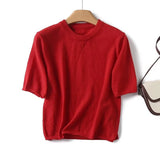 Yipinpay New 2024 Red Knit T Shirt Women O Neck Short Sleeve Spring Summer Tees Crop Top