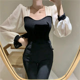 Yipinpay Slim Blusas Mujer French Square Long Sleeve Short Shirt Thin Womens Tops Chiffon Blouse Wild Elegant Knitwear Black Shirts