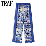 Yipinpay Women Pants Sets Blue Print Wide Leg Pants Women 2023 Mid-Waist Pyjama Woman Trousers Split Summer Casual Baggy Pants