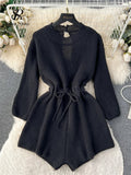 Yipinpay Korean Style Casual Bodysuits O Neck Long Sleeves Hollow Out Backless Drawstring Elastic Waist Women Shorts Jumpsuits