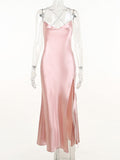 Yipinpay MO Sexy Satin Spaghetti Strap Hight Split Long Dress Women Robe Elegant Sleeveless Backless Midi Dresses Vestido