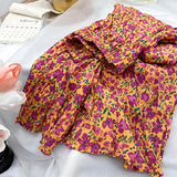 Yipinpay Korean Fashion Midi Skirt Women Vintage Floral Print High Waist Pleated Skirts 2023 Spring Summer Chic A-line Faldas