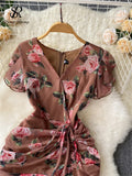 Yipinpay French Retro Long Dress Short Ruffles Sleeves V Neck Floral Print Drawstring Split Zipper Women Slim Bodycon Dress
