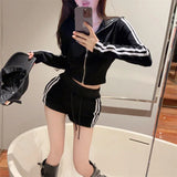 Yipinpay Sports Style Suit Women's Summer Long-sleeved Hooded Zipper Coat High Waist Shorts Casual Two-piece Set Female Clothes