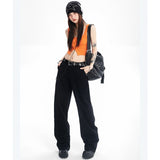 yipinpay Women Black Jeans Embroidery Low Waist Baggy Straight High Street American Autumn New Fashion Vintage Wide Leg Denim Trouser