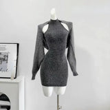 Yipinpay Autumn Elegant Knitted Suit Woman Korean Fashion 2 Piece Set Sexy Sleeveless Slim Mini Dress + Casual Short Cardigan Chic