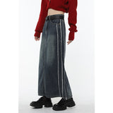 yipinpay Vintage Blue Women Denim Skirt Streetwear American Style Casual High Waist Ladies Slit Jean Medium and Long A-line Skirt