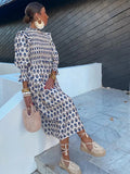Yipinpay Printed Long Sleeve Bohemia Dress for Women 2024 Spring Summer Round Neck Beach Midi Dress Female Holiday Party Vestidos