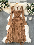 Yipinpay 2024 Summer Mesh Split Sexy Dress Ladies Squre Neck Sheer Long Sleeves Transparent Ruched Slim Long Party Dress