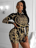 Yipinpay Retro Pattern Printed Bodysuit Women O Neck Tight Long Sleeves Sex For Woman Body Street Trend Temperament Tops Femme