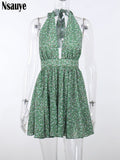yipinpay Summer Print Floral Halter Sleeveless A-Line Dresses 2023 Casual Beach Party Women Low Cut Pleated Slim Mini Dress Green